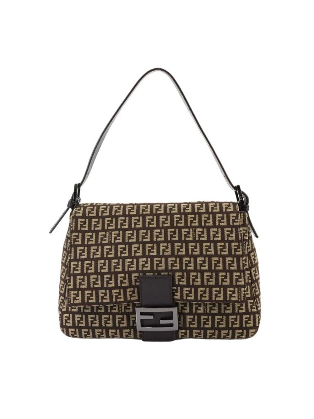 Fendi Zucchino Mamma Baguette Shoulder Bag Canvas Brown Gunmetal